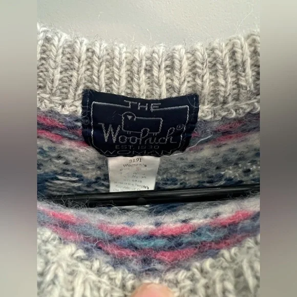 100% wool Woolrich brand Blue and Cream Patterned Isle Nordic style Sweater S - Picture 3 of 10